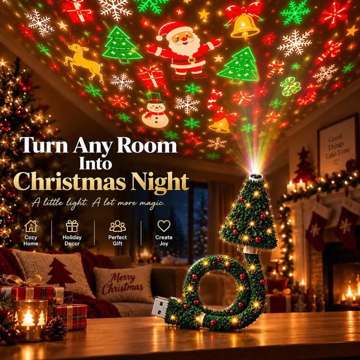 BRAVIX StarGlow – Christmas Projector Light, USB Powered Night Light with 6+ Holiday Patterns, Flexible Tree Lamp