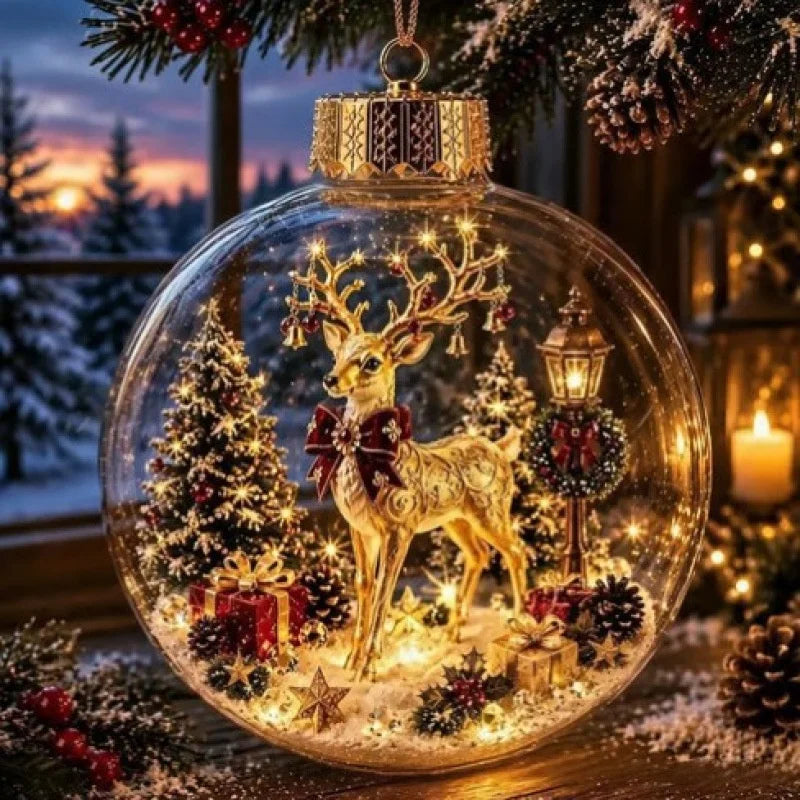 BRAVIX SnowGlow – Clear Christmas Ornament Ball with Glowing Winter Diorama Scene, Hanging Bauble for Tree & Window