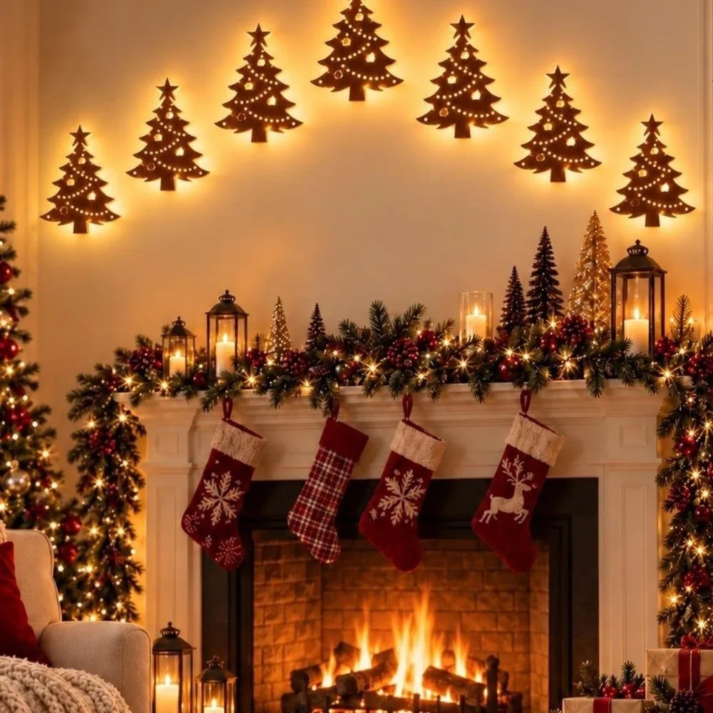 BRAVIX GlowDeer – 7Pcs Wooden LED Christmas Wall Stickers, Warm White Light Reindeer Silhouette Decorations