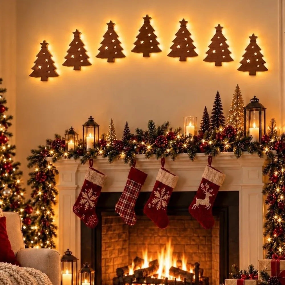 BRAVIX GlowDeer – 7Pcs Wooden LED Christmas Wall Stickers, Warm White Light Reindeer Silhouette Decorations
