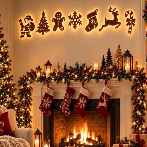 BRAVIX GlowDeer – 7Pcs Wooden LED Christmas Wall Stickers, Warm White Light Reindeer Silhouette Decorations