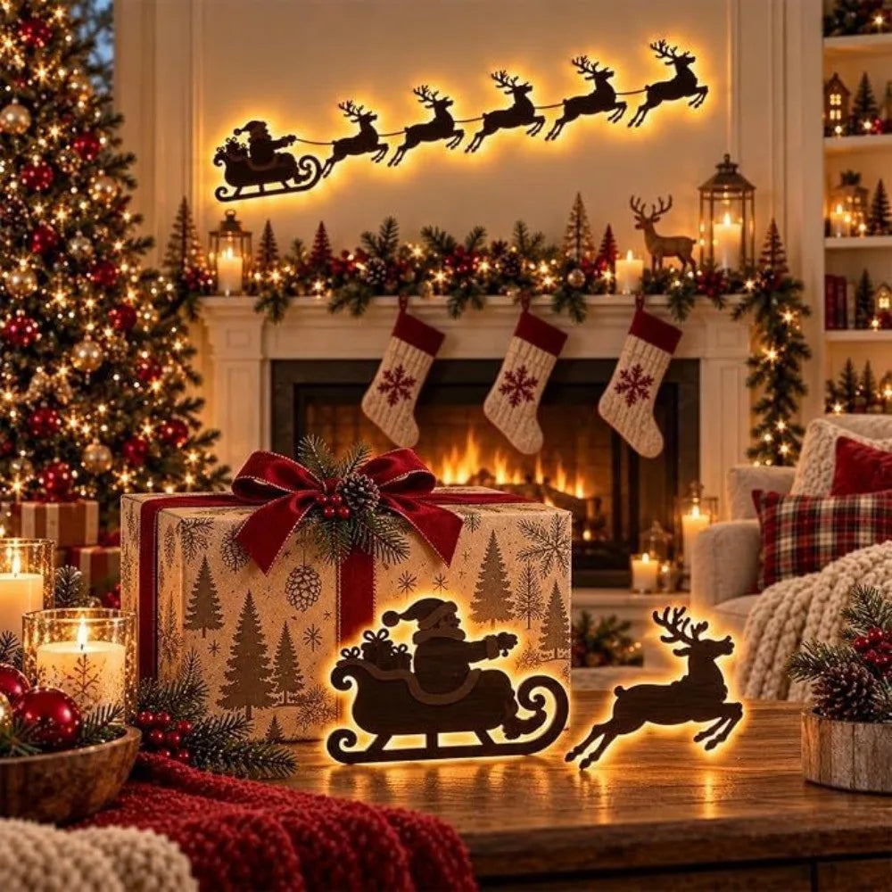 BRAVIX GlowDeer – 7Pcs Wooden LED Christmas Wall Stickers, Warm White Light Reindeer Silhouette Decorations