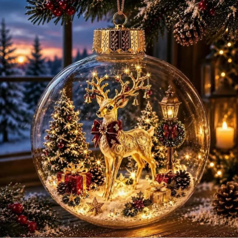 BRAVIX SnowGlow – Clear Christmas Ornament Ball with Glowing Winter Diorama Scene, Hanging Bauble for Tree & Window