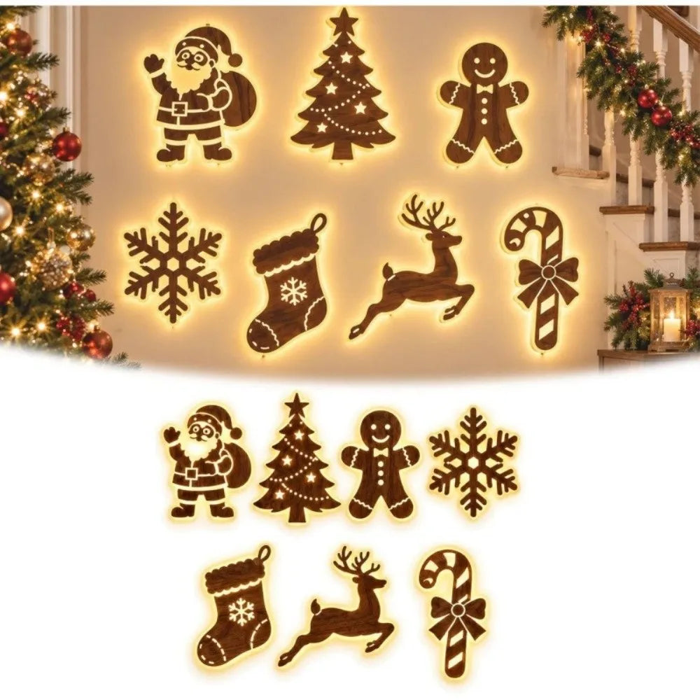 BRAVIX GlowDeer – 7Pcs Wooden LED Christmas Wall Stickers, Warm White Light Reindeer Silhouette Decorations