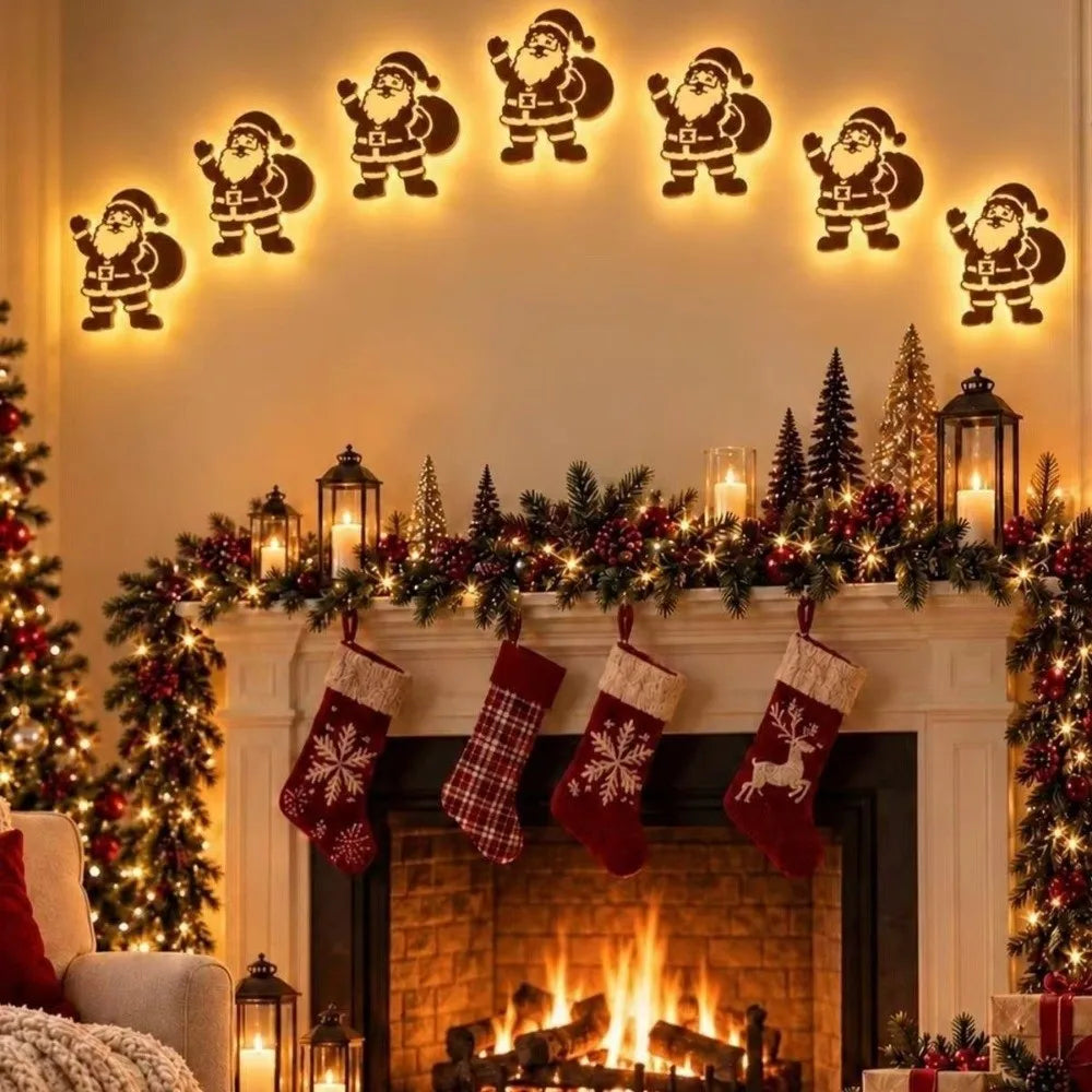 BRAVIX GlowDeer – 7Pcs Wooden LED Christmas Wall Stickers, Warm White Light Reindeer Silhouette Decorations