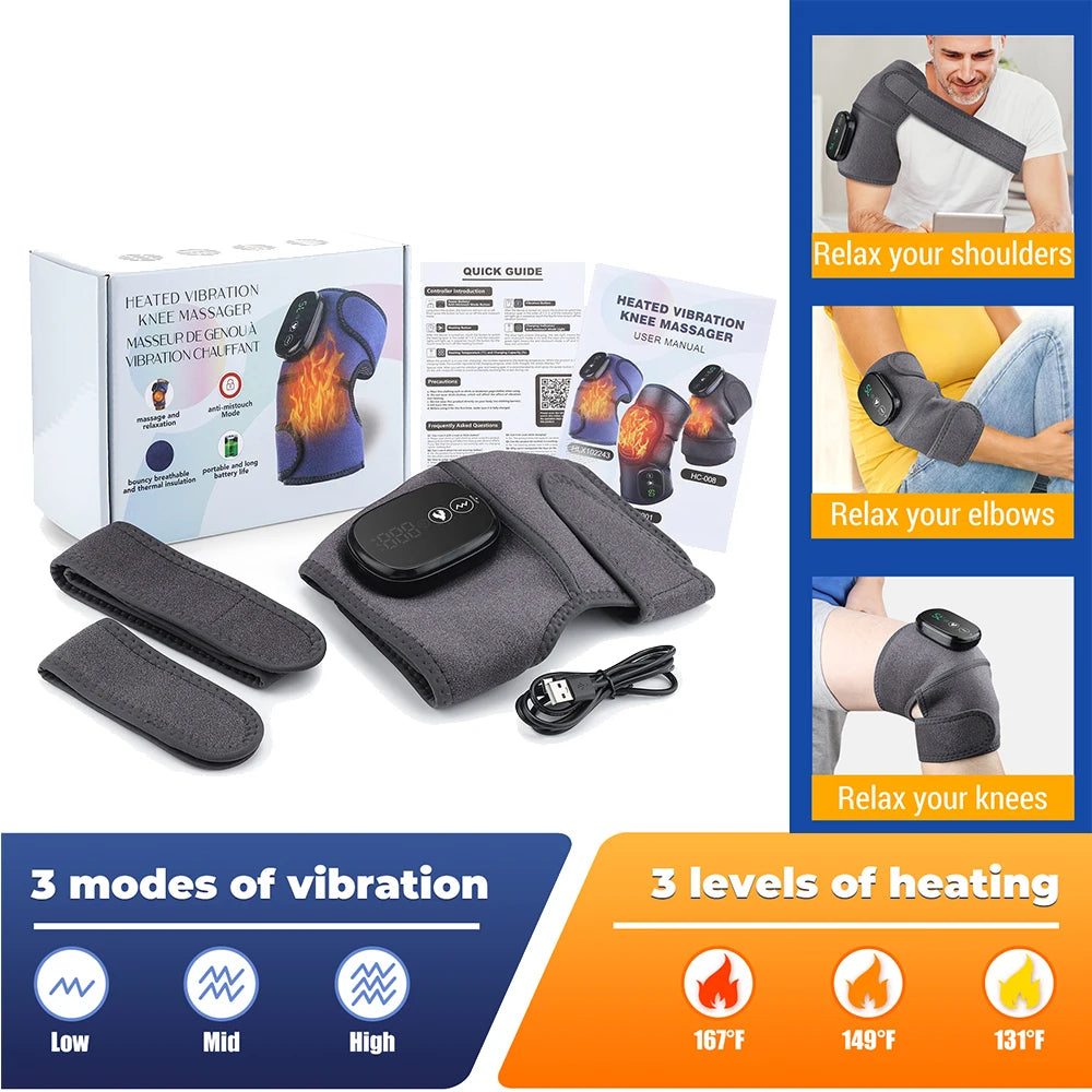 BRAVIX FlexRelief – Heated Vibration Knee Massager, Cordless 3-in-1 Shoulder & Elbow Support with Time