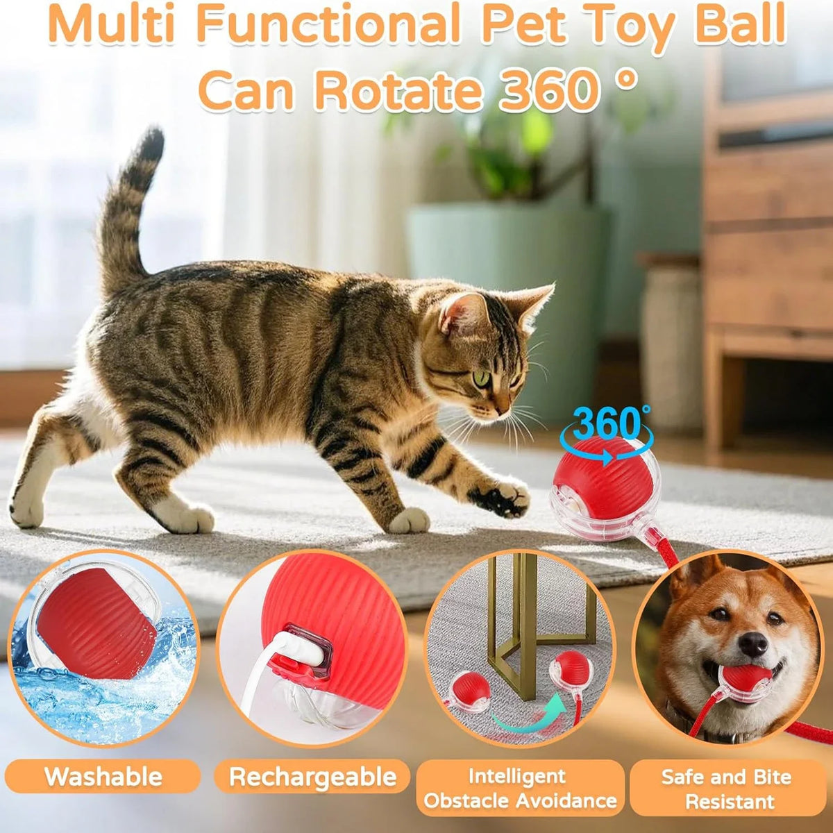 BRAVIX PlayChase – Automatic Rolling Cat Ball Toy, Interactive Electric Pet Toy with Faux Tail