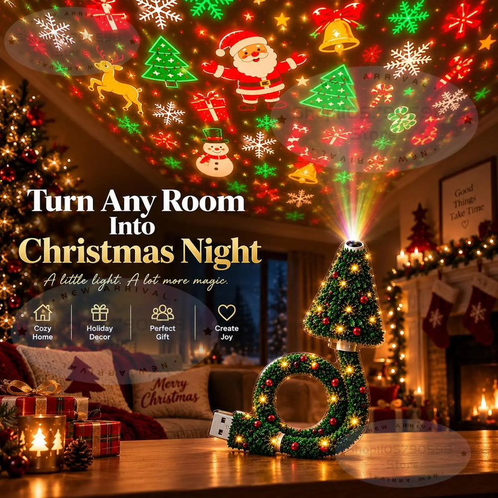 BRAVIX StarGlow – Christmas Projector Light, USB Powered Night Light with 6+ Holiday Patterns, Flexible Tree Lamp